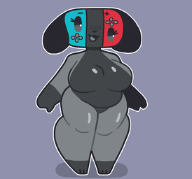 anthro asymmetrical_coloring belly big_breasts black_body blue_body breasts casual_nudity claws eyelashes featureless_breasts featureless_crotch feet female finger_claws floppy_ears front_view gloves_(marking) grey_background grey_body happy huge_breasts leg_markings looking_at_viewer markings multicolored_body open_mouth open_smile outline red_body shadow simple_background slightly_chubby smile socks_(marking) solo thick_thighs three-quarter_view toes white_outline xcrst1 nintendo nintendo_switch switch_dog animate_inanimate canid mammal 2025 aliasing binary_drawing digital_drawing_(artwork) digital_media_(artwork) flat_colors full-length_portrait portrait