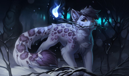 ambiguous_gender detailed_background eyebrows eyelashes feral forest fur hair night outside plant snow solo tree hioshiru felid leopard mammal pantherine 2021