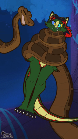 anthro black_hair brown_body brown_scales coiling cross-eyed duo featureless_crotch feral fur green_body green_fur hair highlights_(coloring) hypnosis male male/male markings mind_control multicolored_body multicolored_fur multicolored_hair nude nude_anthro nude_female red_highlights red_markings restrained ringed_eyes scales smile tail tail_motion tailwag two_tone_body two_tone_fur two_tone_hair outletdraws the_jungle_book kaa_(jungle_book) vexx_(greensneky) alligator alligatorid canid canine crocodilian fox hybrid mammal python reptile scalie snake 2025 9:16 animated hi_res