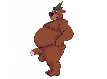 anthro balls belly big_belly big_penis brown_body brown_fur bycocket clothing erection fur genitals hat hat_feather hat_only headgear headgear_only headwear headwear_only huge_belly loose_feather male moobs mostly_nude musclegut muscular muscular_arms nipples penis small_tail smile solo standing tail denki404 disney robin_hood_(disney) little_john bear brown_bear mammal ursine hi_res