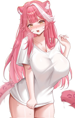 big_breasts blush breasts clothing clothing_pull female hair pink_hair pink_tail shirt solo tail topwear wet wet_body wet_clothing white_clothing white_shirt white_topwear yellow_eyes sinonamoni hololive hololive_en vtuber raora_panthera animal_humanoid felid felid_humanoid humanoid mammal mammal_humanoid pantherine pantherine_humanoid hi_res