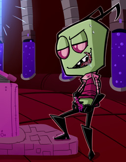 alien_genitalia antennae_(anatomy) aroused bodily_fluids clothed clothing cum detailed_background erection genital_fluids genitals green_body green_skin irken_clothing irken_teeth irken_uniform male not_furry pak penis red_eyes saliva seductive solo sweat tentacles tongue tongue_out ubernerdmaster invader_zim nickelodeon zim_(invader_zim) alien alien_humanoid humanoid irken