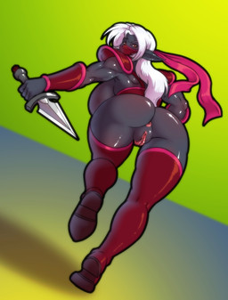 anus big_breasts big_butt breasts butt dagger female genitals hair holding_object holding_weapon knife looking_back melee_weapon muscular muscular_female muscular_humanoid not_furry solo vulva weapon white_hair demien dark_elf elf humanoid