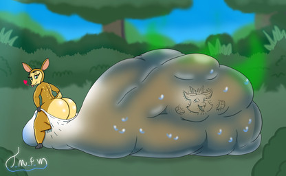 anthro big_butt big_diaper butt butt_focus diaper diaper_stuffing entrapment excessive_feces feces female forest green_eyes heart_symbol huge_butt huge_diaper hyper hyper_feces inside_diaper plant soiled_diaper tongue tongue_out tree unclean_diaper used_diaper waterlogged_diaper t_m_f_w mating_season_(series) fawn_(mating_season) poppy_the_kobold_(mcfingle) deer kobold mammal scalie absurd_res hi_res tagme