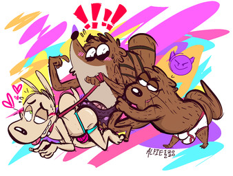 4_fingers >:) abstract_background anthro bdsm black_nose blush briefs brown_body brown_fur bulge clothed clothing collar colored_seam_underwear embarrassed emoji erection erection_under_clothing exclamation_point fingers fur genitals gesture green_eyes group group_sex half-closed_eyes hand_gesture heart_symbol hot_dogging ketchup_veins leash male male/male markings multicolored_body multicolored_fur narrowed_eyes penis petplay pointing pointing_at_self removing_underwear roleplay sex simple_background striped_body striped_fur stripes threesome tongue tongue_out toony topless trio underwear undressing vein veiny_penis white_briefs white_clothing white_underwear the-alfie-incorporated cartoon_network nickelodeon regular_show rocko's_modern_life doug_shablowski grou rigby_(regular_show) rocko_rama macropod mammal marsupial mustelid otter procyonid raccoon wallaby 2020 digital_drawing_(artwork) digital_media_(artwork)