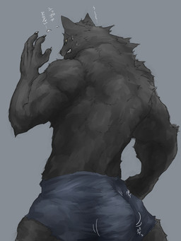 anthro athletic biceps biped black_body black_fur black_nose bodily_fluids bottomwear butt claws clenched_teeth clothed clothing fangs flexing fur grey_background grey_body grey_fur growth male muscular muscular_anthro pants pose rear_view simple_background solo standing sweat tail tail_growth tail_tenting teeth text topless torn_clothing yellow_eyes captainjohkid mythology canid canine canis mammal mythological_canine mythological_creature werecanid werecanine werecreature werewolf wolf 3:4 hi_res japanese_text source_request