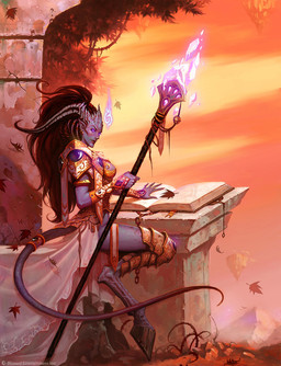 accessory armor book breasts day female furgonomics gold_(metal) gold_armor hair holding_object holding_staff hooves horn leaf looking_back magic not_furry outside plant purple_body smile solo staff tail tail_accessory vines wei_wang blizzard_entertainment warcraft draenei humanoid 2006 hi_res official_art