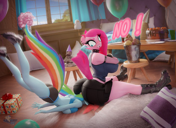 alternate_species angry anthro anthrofied armwear athletic athletic_anthro athletic_female athletic_wear balloon big_breasts big_butt blue_body blue_eyes boots bottomwear breast_squish breasts bucket butt butt_crush butt_slam cake clenched_teeth clothed clothing collar container crossed_arms crush cup curtains curtains_open cutie_mark day dessert detailed_background dialogue duo ear_piercing ear_ring eyebrow_piercing eyebrow_stud facial_piercing female female/female female_anthro fishnet_armwear fishnet_clothing flour_sack food footwear furniture gift gloves gym_bottomwear gym_shorts hair handwear hat headgear headwear high_heeled_boots high_heels inflatable legs_up lip_piercing lip_ring long_tail looking_at_another looking_back looking_back_at_another looking_down looking_down_at_another miniskirt multicolored_hair multicolored_tail nipple_outline party_hat piercing pillow pink_body pink_hair plant plant_pot plate plushie potted_plant rainbow_hair rainbow_tail raised_tail ring_piercing rock rug shoes shorts sitting sitting_on_another sitting_on_head skirt sneakers spiked_collar spikes squish stool table tail tail_over_skirt teeth text thick_thighs tight_bottomwear tight_clothing tight_shorts tomboy topwear turnip under_boob vegetable window_curtains yelling hooves-art friendship_is_magic hasbro my_little_pony pinkamena_(mlp) pinkie_pie_(mlp) rainbow_dash_(mlp) earth_pony equid equine horse mammal pony 3d_(artwork) absurd_res blender_(artwork) digital_media_(artwork) english_text hi_res
