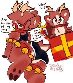 anthro bell black_minishorts brown_body brown_eyes brown_fur butt cheek_tuft chest_tuft collar ear_piercing ear_ring facial_tuft fingers fur head_tuft hooved_fingers hooved_toes hooves looking_at_viewer male one_leg_up open_mouth piercing presenting presenting_hindquarters raised_leg red_collar red_nose ring_piercing short_tail simple_background solo tail talking_to_viewer text tuft white_background winteriris42 deer mammal 2025 colored_sketch digital_drawing_(artwork) digital_media_(artwork) english_text hi_res sketch