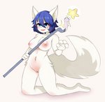 absurd_res anthro big_breasts blue_eyes blue_hair breasts canid canine canis female female_anthro fluffy fluffy_tail fur genitals hair hi_res holding_object kemono looking_at_viewer mammal nipples novalynx nude open_mouth pussy simple_background smile solo staff star tail white_background white_body white_fur wolf