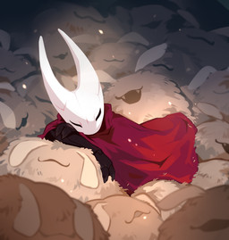 ambiguous_gender black_body cape clothing eyes_closed fangs fluffy fur group mask open_mouth red_cape red_clothing sleeping solo_focus tan_body tan_fur teeth wearing_mask white_mask corzh77 hollow_knight:_silksong hollow_knight_(franchise) team_cherry hornet_(hollow_knight) arthropod flea_(hollow_knight:_silksong) insect 2025 digital_drawing_(artwork) digital_media_(artwork) hi_res female_(lore)
