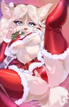 ahegao anthro big_ears blonde_hair cheek_tuft clothing costume ear_tuft facial_piercing facial_tuft female fluffy fluffy_tail freckles fur hair holidays holly_(plant) legwear long_hair looking_pleasured nipples nose_piercing nose_ring panties piercing plant pose red_clothing red_legwear red_panties red_topwear red_underwear ring_piercing solo tail tongue topwear tuft underwear alshir0 christmas canid canine canis domestic_dog mammal 2022 absurd_res hi_res pinup