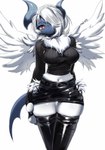 anthro bottomwear breasts clothing eyebrows eyelashes feathered_wings feathers female fur hair hand_behind_back hand_on_hip horn legwear looking_at_viewer navel one_eye_obstructed red_eyes simple_background skirt solo tail white_body white_feathers white_fur white_hair wings maimoonrabbit nintendo pokemon generation_6_pokemon mega_absol mega_evolution pokemon_(species) 2025 hi_res signature