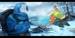 anthro backpack black_bars blush bottomwear clothing detailed_background duo kemono male mountain open_mouth outside pants slightly_chubby snow snowing steam sweater topwear water numaro bear canid canine fox mammal polar_bear ursine 2024 hi_res letterbox