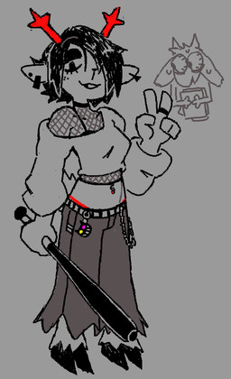 anthro antlers bangs baseball_bat bat_(object) bodily_fluids bottomwear bra cartoon_freckles chain clothing crop_top denim denim_bottomwear denim_clothing duo ear_piercing female fishnet_clothing fishnet_topwear flustered freckled_face freckles hair hair_over_eye hooves horn jeans male male/female navel navel_piercing pants piercing shirt sweat sweater topwear underwear stu_(artist) deltarune undertale undertale_(series) asriel_dreemurr dess_holiday friend_(deltarune) bovid caprine deer goat mammal
