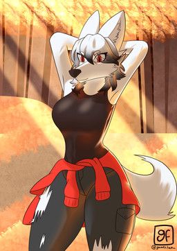 anthro black_clothing black_hair blue_clothing breasts clothing eyelashes female fur grey_body grey_fur grey_hair hair plant red_clothing red_eyes solo tail torn_clothing tree white_body white_fur white_hair white_tail gamesfan canid canine canis mammal wolf absurd_res hi_res signature