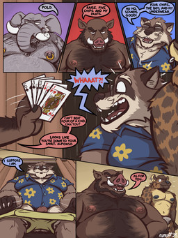 anthro arm_tattoo belly betting blue_clothing blue_shirt blue_topwear body_hair broken_tusk brown_body brown_fur card chest_tattoo clothed clothing dialogue ear_piercing ear_ring erection erection_under_jockstrap eyewear four_of_a_kind_(poker_hand) fur genitals glasses grey_body group inside jack_of_clubs jack_of_diamonds jack_of_hearts jack_of_spades jockstrap jockstrap_only looking_at_another low-angle_view male male/male markings mature_anthro mature_male moobs musclegut muscular muscular_anthro muscular_male nipple_piercing nipple_ring nipples open_mouth overweight overweight_anthro overweight_male penis piercing playing_card ring_piercing shirt shocked six_of_spades speech_bubble spots spotted_body spotted_fur taking_off_underwear tattoo teeth topless topwear tusks underwear underwear_only white_body_hair nanoff alfonso_(nanoff) horacio_(nanoff) suarez_(nanoff) walter_rossi_(nanoff) elephant elephantid hyena mammal proboscidean procyonid raccoon suid suine sus_(pig) wild_boar 2025 comic hi_res multiple_scenes