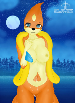 anthro areola big_breasts blue_eyes bodily_fluids breasts cum cum_on_body female genital_fluids genitals hairy_vulva looking_at_viewer moon navel nipples orange_body sea smile solo tail vulva water yellow_areola yellow_nipples silavos nintendo pokemon floatzel generation_4_pokemon mammal pokemon_(species) archived_source hi_res watermark