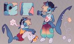 3_fingers anthro belt black_hair blonde_hair blue_body blue_skin bottomwear claws clothed clothing electronics femboy fingers fully_clothed gills group hair headphones listening_to_music male male_focus multicolored_hair musician navel nipples pants shark_fin shark_tail skinny torn_clothing two_tone_hair margo_baghdasaryan yokai_love_you! ichiro_samemoto_(blargen69) fish mackerel_shark marine shark thresher_shark absurd_res hi_res model_sheet