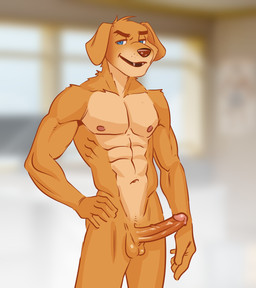 abs anthro athletic athletic_male balls biceps blue_eyes erection eyebrows forearm_muscles fur genitals glans humanoid_genitalia humanoid_penis looking_at_viewer male navel nipples nude penis pose solo standing trapezius peltedpixelgames gylden_(the_prank) bird_dog canid canine canis domestic_dog golden_retriever hunting_dog mammal retriever hi_res