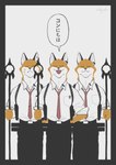 anthro athletic athletic_anthro athletic_male fur group male orange_body orange_fur speech_bubble standing talking_to_viewer text trio white_body white_fur shikayoshi sub20211115 canid canine fox mammal 2022 absurd_res hi_res japanese_text