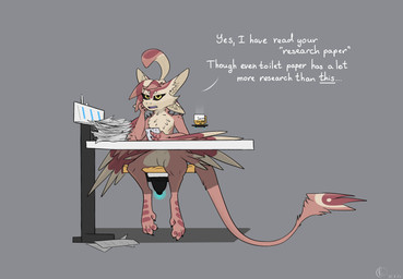 3_fingers 4_ears 4_toes anthro arm_support beverage biped black_sclera brown_body brown_feathers chair chest_tuft claws container countershading cup dialogue digitigrade ellipsis feathered_wings feathers featureless_crotch feet female fingers fur furniture grey_background hair holding_object leaning_on_elbow long_tail looking_at_viewer mean multi_ear multicolored_body nude on_chair open_mouth paper pink_body pseudo_hair red_body simple_background sitting sitting_on_chair solo spreading table tail tail_tuft talking_to_viewer tan_body tan_feathers text toe_claws toes tuft under_table winged_arms wings yellow_eyes reetogoth rathali avali avian bird 2023 absurd_res colored dated digital_drawing_(artwork) digital_media_(artwork) english_text full-length_portrait hi_res portrait signature