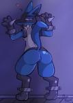 anthro anus bdsm biped blue_body blue_fur bondage bound butt female fur genitals heart_symbol looking_at_viewer looking_back nude open_mouth presenting presenting_hindquarters pussy smile solo tail blue-rum nintendo pokemon canid canine generation_4_pokemon lucario mammal pokemon_(species) 2018 digital_media_(artwork) hi_res