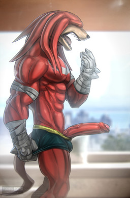 abs anthro balls bandage big_penis bodily_fluids boxers_(clothing) bulge clothing cushion dreadlocks erection fangs foreskin furniture genital_fluids genitals glans gloves handwear humanoid_genitalia humanoid_penis living_room male morning morning_wood muscular muscular_anthro muscular_male open_mouth partially_retracted_foreskin pecs penis plant precum sea shrub sky small_balls sofa solo spikes tail teeth tree underwear v-cut vein veiny_penis water window yawn todex sega sonic_boom sonic_the_hedgehog_(series) knuckles_the_echidna echidna mammal monotreme 2017 absurd_res hi_res