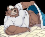 anthro balls bed bedding blanket brown_body brown_fur clothing flaccid fur furniture genitals humanoid_hands male musclegut muscular overweight overweight_anthro overweight_male penis shirt solo topwear cheezypb lifewonders live_a_hero goro_(live_a_hero) bear mammal 2021 alpha_channel