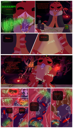 4_eyes bodily_fluids breasts burping drooling female long_tongue macro male micro multi_eye oral_vore pupils red_body rubbing_stomach rumbling_stomach saliva sharp_teeth size_difference teeth tentacles tongue unwilling_prey vore cult_of_the_lamb massive_monster_(studio) amphibian frog furry hi_res