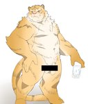 anthro balls biped flaccid foreskin genitals humanoid_genitalia humanoid_hands humanoid_penis kemono male penis simple_background solo white_background inunoshippo felid mammal pantherine tiger 2022 censored hi_res