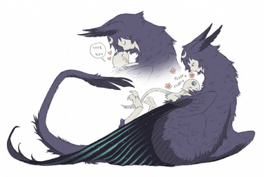 ambiguous_feral ambiguous_gender black_wings blue_gem blue_wings crescent_moon_(marking) cuddling daww dialogue duo expressionless eyes_closed facial_markings feathered_ears feathered_tail feathers feral flower fluffy forehead_gem forehead_markings fur gem hair head_markings humanoid_face looking_at_another markings moon_(marking) multicolored_body multicolored_feathers multicolored_wings plant purple_body purple_feathers purple_hair purple_tail purple_wings simple_background size_difference smaller_ambiguous smaller_feral tail talking_to_another text white_background white_body white_face white_fur wings young young_ambiguous jejejunum european_mythology greek_mythology mythology secret_(jejejunum) whisper_(jejejunum) animal_humanoid avian bird harpy humanoid mythological_avian mythological_creature nethermare 2025 digital_drawing_(artwork) digital_media_(artwork) english_text hi_res female_(lore)