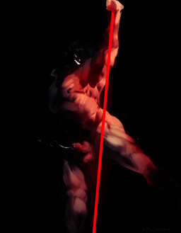 anthro balls bodily_fluids dancing fur genital_fluids genitals hair male nipples nude open_mouth penis pole pole_dancing precum simple_background solo stripper stripper_pole yo_zee canid canine mammal monster absurd_res digital_media_(artwork) hi_res