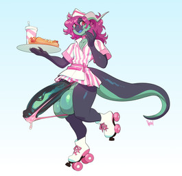anthro balls big_balls big_penis carhop clothing food footwear genitals hair horn hot_dog huge_balls huge_penis humanoid_genitalia humanoid_penis hyper hyper_balls hyper_genitalia hyper_penis male open_mouth open_smile penis pink_eyes pink_hair quad_skates roller_skates simple_background smile solo tail nedoiko mythology ike_(ikeywike) dragon mythological_creature mythological_scalie scalie 2025 hi_res