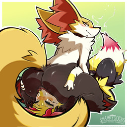 anal anthro balls big_butt blush bodily_fluids butt chastity_cage chastity_device claws cum cum_while_chaste dripping duo ejaculation facesitting feet flat_chastity_cage fur genital_fluids genitals hair hands-free inner_ear_fluff looking_back male male/male male_penetrating nude oral orgasm penetration penis rimming sex simple_background sitting_on_another size_difference spread_butt spreading sweat sweatdrop text toes tuft yellow_body yellow_fur sharkysocks nintendo pokemon chi_(mischiefmaster) fan_character grey_(dgbraixen) braixen canid canine delphox generation_6_pokemon mammal pokemon_(species) digital_media_(artwork) english_text hi_res