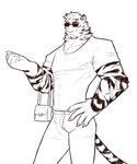 5_fingers anthro black_fur_markings bottomwear clothing eyewear facial_scar fingers fur hands_on_hips male muscular muscular_anthro muscular_male pants purse scar shirt solo sunglasses topwear white_body white_fur zackdoug arknights hypergryph studio_montagne mountain_(arknights) felid mammal pantherine tiger hi_res monochrome