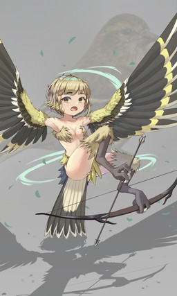 arrow_(weapon) avian_feet blonde_hair bow_(weapon) breasts feathers female flying hair light_body light_skin medium_breasts naturally_censored nude nude_female ranged_weapon short_hair solo tail tail_feathers weapon yellow_body yellow_feathers young yuminaga10 european_mythology greek_mythology mythology avian harpy mythological_avian mythological_creature 3:5 hi_res