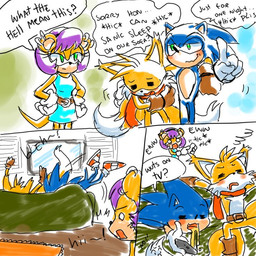 blue_body blush bodily_fluids dialogue dipstick_tail drunk ear_piercing ear_ring green_eyes group markings multi_tail piercing ring_piercing substance_intoxication tail tail_markings text trio vomit yellow_body drawloverlala archie_comics sega sonic_the_hedgehog_(archie) sonic_the_hedgehog_(comics) sonic_the_hedgehog_(series) miles_prower mina_mongoose sonic_the_hedgehog canid canine eulipotyphlan fox hedgehog herpestid mammal mongoose comic english_text