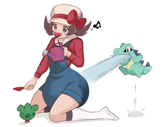 berry_shrub blue_body blue_scales bodily_fluids brown_eyes brown_hair clothed clothing diaper diaper_under_clothing duo female hair hat headgear headwear jumping legwear male object_in_mouth onesie pacifier pacifier_in_mouth pigtails red_eyes ribbons scales shirt shovel simple_background singing smile stockings teeth_showing tools topwear water water_gun_(move) watering_can wearing_diaper white_background ikaryly nintendo pokemon lyra_(pokemon) pokemon_trainer generation_2_pokemon human mammal pokemon_(species) shiny_pokemon totodile absurd_res hi_res