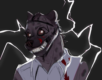 alternate_species anthro blood bodily_fluids clothed clothed_anthro clothing dark doctor electricity fur furrification glowing grey_body grey_fur light lightning male male_anthro shirt smile topwear white_eyes white2noise1 dead_by_daylight the_doctor_(dead_by_daylight) hybrid hyena mammal colored digital_drawing_(artwork) digital_media_(artwork) english_description