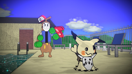 ambiguous_gender clothed clothing cloud disguise duo feral foam_finger hat headgear headwear humor ladder paper_mask paper_thin_disguise poolside sky smile swimming_pool tail unconvincing_disguise water aquinas_audax nintendo pokemon ash_ketchum generation_1_pokemon generation_2_pokemon generation_7_pokemon mimikyu pikachu pokemon_(species) sudowoodo 16:9 2025 3d_(artwork) 4k absurd_res blender_(artwork) blender_cycles_(artwork) blender_eevee_(artwork) digital_media_(artwork) hi_res widescreen
