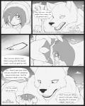 4:5 abandoned canid canine canis carrying_another celia_(s2-freak) comic dialogue digital_drawing_(artwork) digital_media_(artwork) duo english_text female feral greyscale hi_res human macro mammal monochrome s2-freak schwarzpelz text wolf