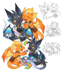 accessory anthro berry black_body blush bow_ribbon ear_nibble feathered_wings feathers food fruit gem green_eyes male orange_body plant ruby_(gem) shy sleeping wings yellow_eyes retrozenthic maimai mythology caramel_(maimai) led_(maimai) dragon mythological_creature mythological_scalie scalie hi_res