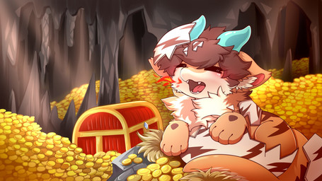 2_horns big_eyes biped blue_horn brown_hair coin cute_fangs fangs feral fur gold_(metal) gold_coin hair horn kemono male orange_body orange_fur sleeping slim_anthro slim_male solo teeth white_body white_fur hlg7777 16:9 2020 hi_res widescreen