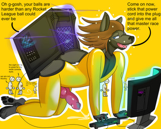 anal anthro bodily_fluids clothing computer computer_mouse cum cumshot ejaculation electronics genital_fluids genitals group jumpsuit keyboard knot male monitor orgasm penetration penis text tower servo117 zero_punctuation canid canine canis mammal wolf 5:4 absurd_res english_text hi_res meme