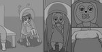 anthro bench clothing dress female imminent_rape male outside pacifier park park_bench shadow stroller toddler young young_anthro fuckallofit lagomorph leporid mammal rabbit comic greyscale hi_res monochrome