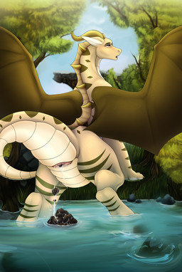 animal_genitalia blush brown_body brown_scales butt claws cloaca day feces feces_pile female female_pooping feral forest genitals grass horn narrowed_eyes open_mouth outside partially_submerged plant pooping pooping_into_water raised_tail scales scatplay sky solo spread_wings standing_in_water striped_body striped_scales stripes tail tan_body tan_scales teeth toe_claws tree urate water white_body white_scales wings yellow_eyes arrteen mythology mirah dragon mythological_creature mythological_scalie scalie absurd_res hi_res