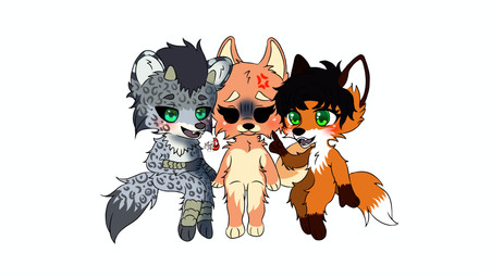 angry anthro anxiety black_eyes black_hair black_nose blue_eyes blush chibi cross-popping_vein female gesture green_eyes group hair hand_gesture horn looking_at_another looking_at_partner looking_at_viewer male male/female nervous open_mouth pointing simple_background smile smiling_at_another smiling_at_partner trio white_background ghostarts jernhand selestia canid canine fox humanoid hydracanix mammal absurd_res hi_res