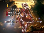 2006 4:3 anthro arched_back butt calendar dr_comet female head_ornament hi_res january_(month) melee_weapon nude polearm raised_leg seductive solo spear unknown_species wallpaper weapon wide_hips winter