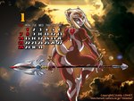 2006 4:3 anthro arched_back butt calendar calendar_graphic dr_comet female head_ornament hi_res january_(month) melee_weapon nude pinup polearm pose raised_leg seductive solo spear unknown_species wallpaper weapon wide_hips winter